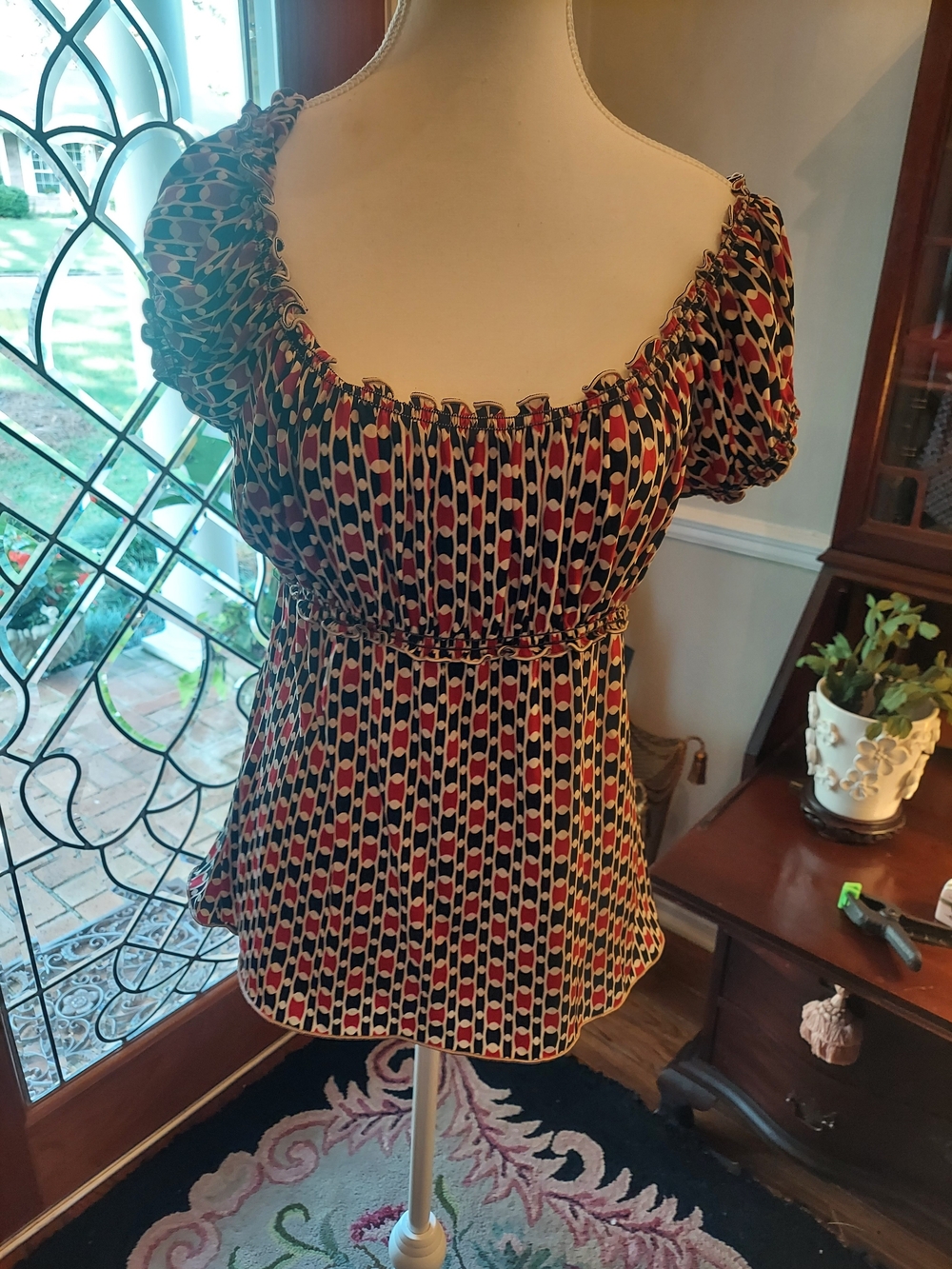Studio M Red, Black & Cream Square-Neck Puff Sleeve Blouse
